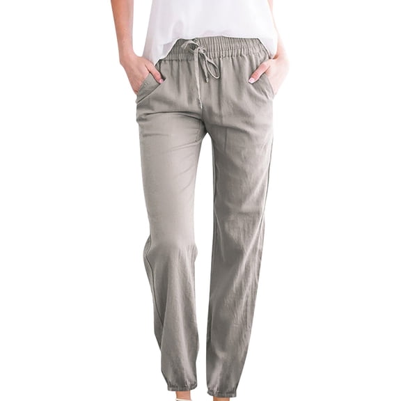 HomeGardon Women's Tapered Pants 100% Linen Drawstring Back Elastic Waist Ankle Length Pants Womens Linen Pants High Waisted Wide Leg Drawstring Casual Loose Trousers with Pockets