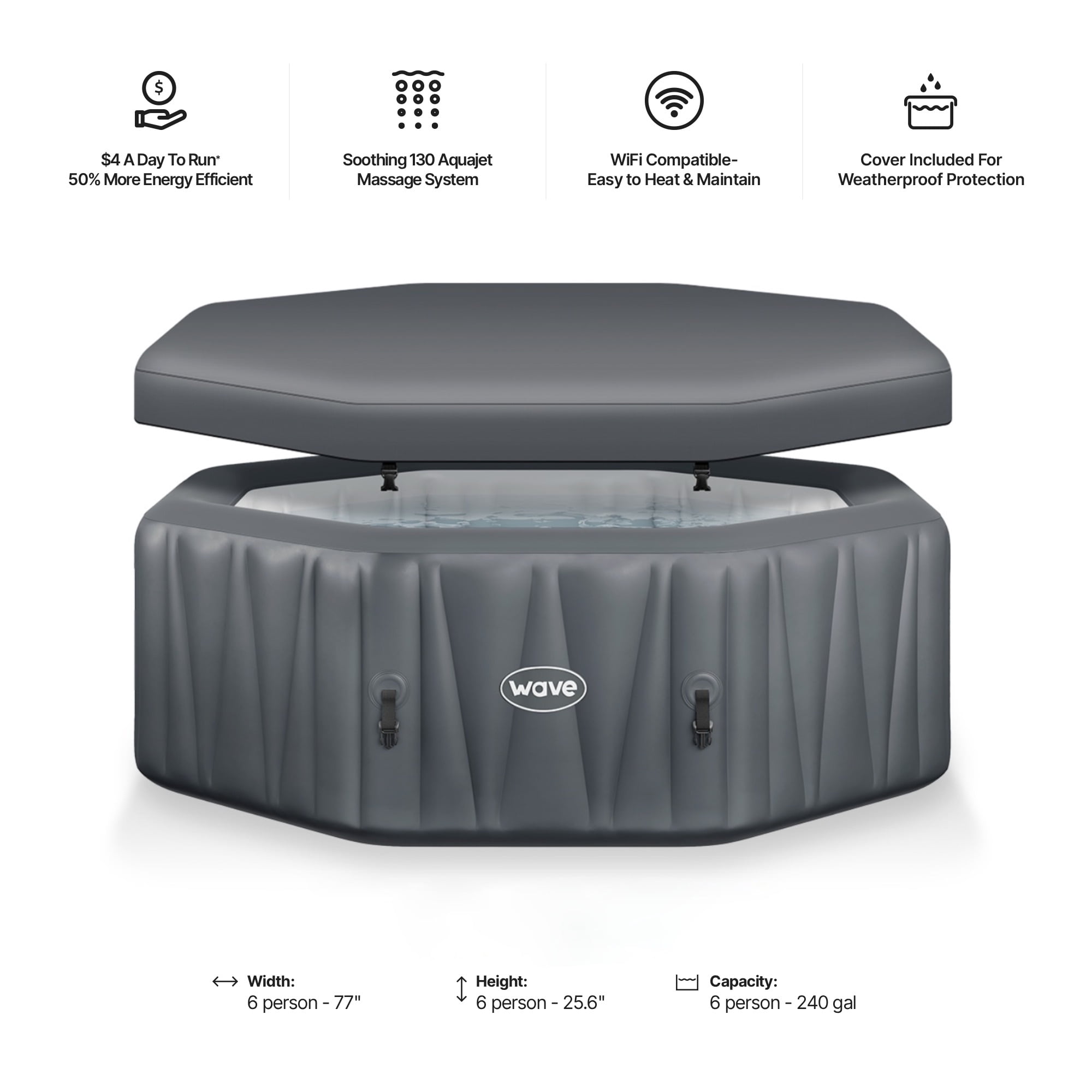 Wave Aegean 6-Person Inflatable Hot Tub | Integrated Eco Heater | 130 Aquajet Massage System | Anti-Freeze Protection | Quick 15-Minute Setup | Dark Gray
