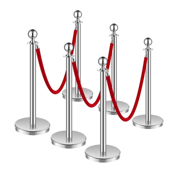 KFFKFF Stanchions and Velvet Ropes 6Pcs, Hollow Base with Stainless Steel Post, 3 Red Velvet Ropes and Posts, Crowd Control Barriers Silver Stanchions