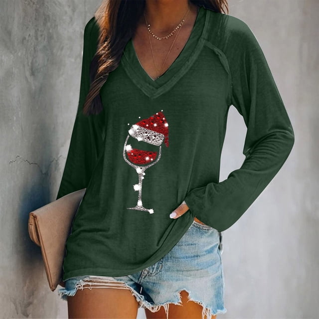Puntoco moda mujer manga larga con cuello en v blusa con estampado de Navidad otoño causal pulóver tops Puntoco Puntoco-5266