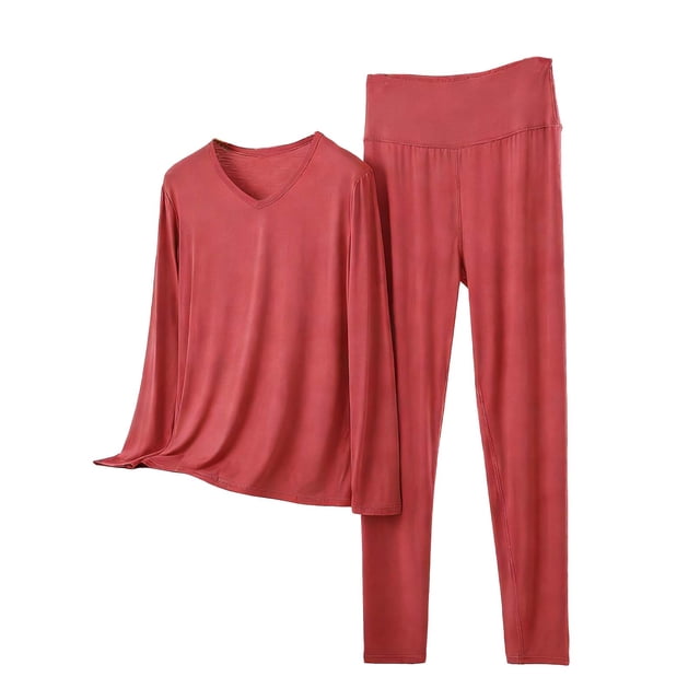 Conjunto de Ropa Interior Larga de Mujer con Cuello en V Lencería de Manga Larga Conjunto de Ropa de Dormir, Pijamas Cómodos Y Suaves para Relajación Casual en el Hogar