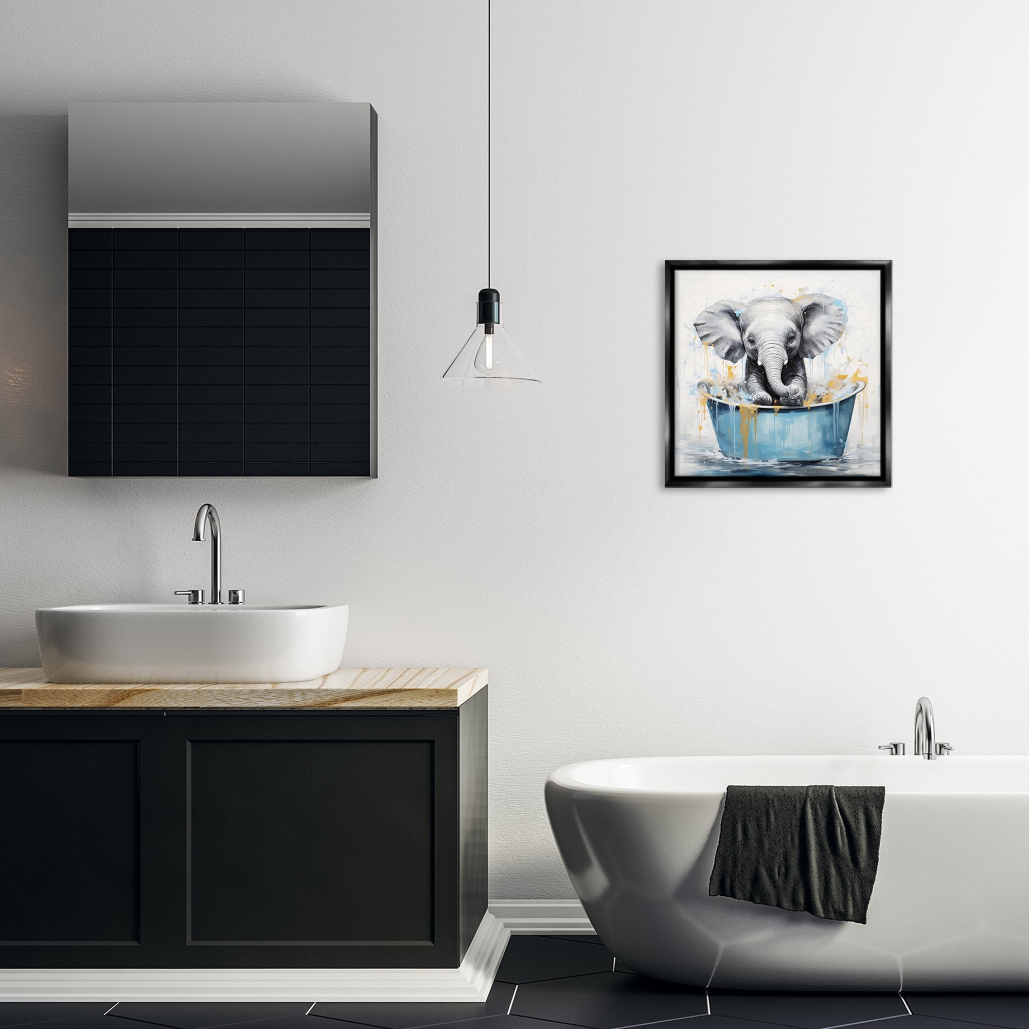 Stupell Industries Bathing Baby Elephant Typography Painting Black Floater Framed Canvas Art Print Wall Art, 18 x 18