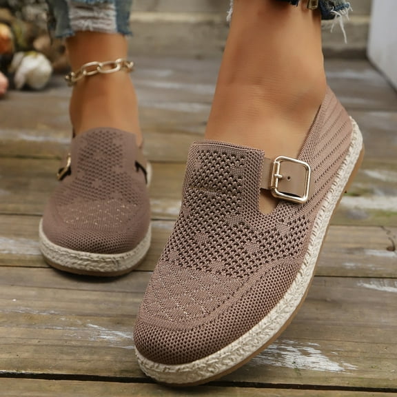 Dpityserensio Women Flats Shoes Style Fly Mesh Breathable Solid Color Round Toe Lightweight One-Foot Flat Shoes