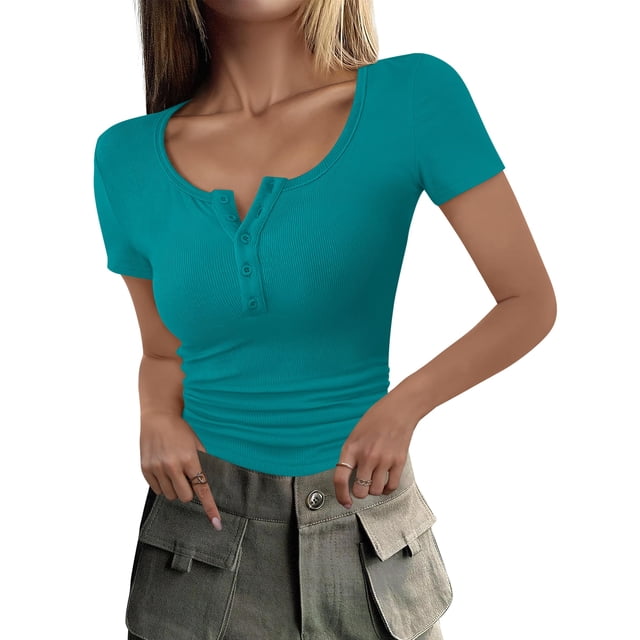 Camiseta ANRABESS para mujer 2025, primavera y verano, acanalada, verde azulado