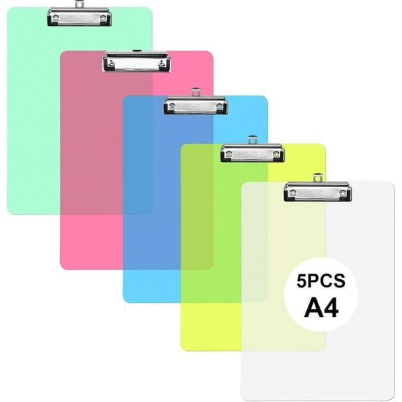 5 Pack A4 Clipboards Plastic Clipboard with Pen Holder Acrylic Clipboards with Low Profile Clip Plastic Clipboards Colored Low Profile Clip (A4)