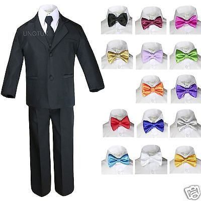 - 6pc Baby Boy Kid Teen Extra Bow tie Wedding Formal BLACK Vest Necktie Suits S-20