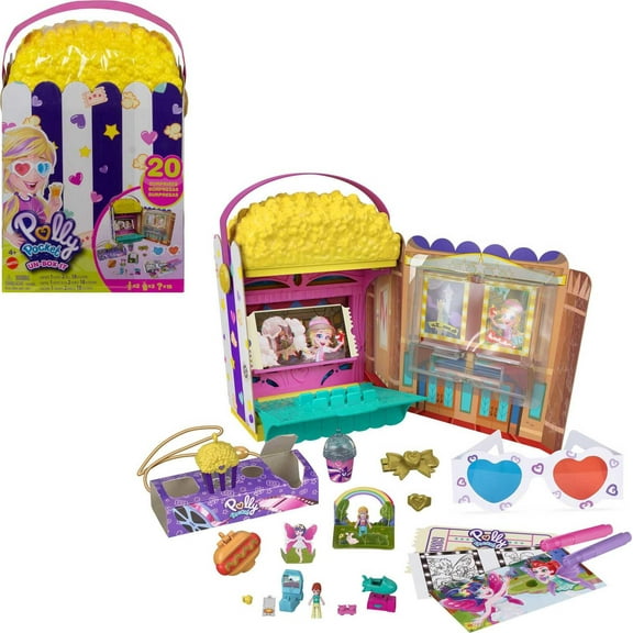 Polly Pocket Un-Box-It Playset, Movie Theater Theme, 2 Dolls, 15  Surprises