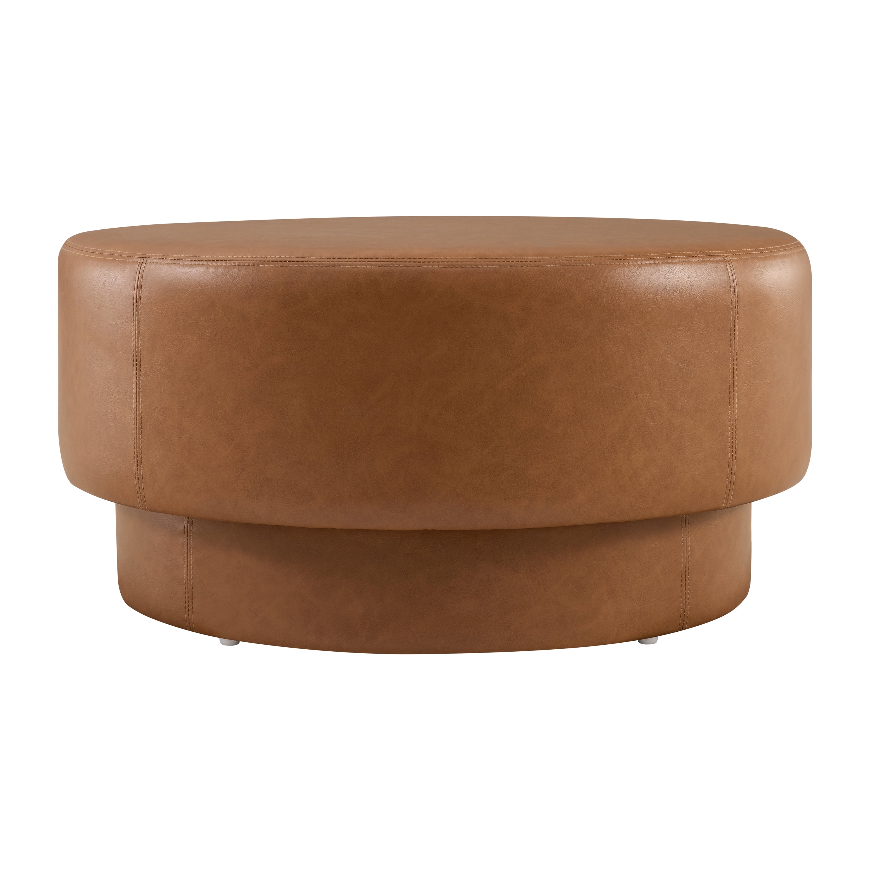 GARITIN Round Ottoman 33 Inch, Modern Double Deck Upholstered Footrest with Faux Leather Cover for Living Room, Brown