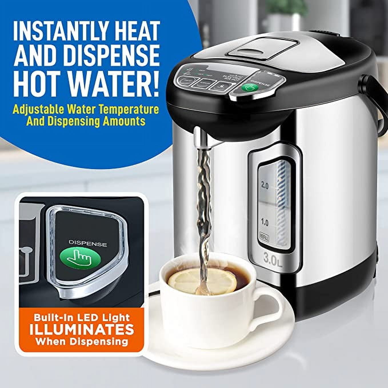 NutriChefKitchen Electric Water Boiler and Warmer - 3L/3.17 Qt Stainless Steel Electric Hot Water Dispenser w/ Rotating Base, Auto Shut Off, Safety Lock, Instant Heating for Coffee & Tea (NCHUB13)