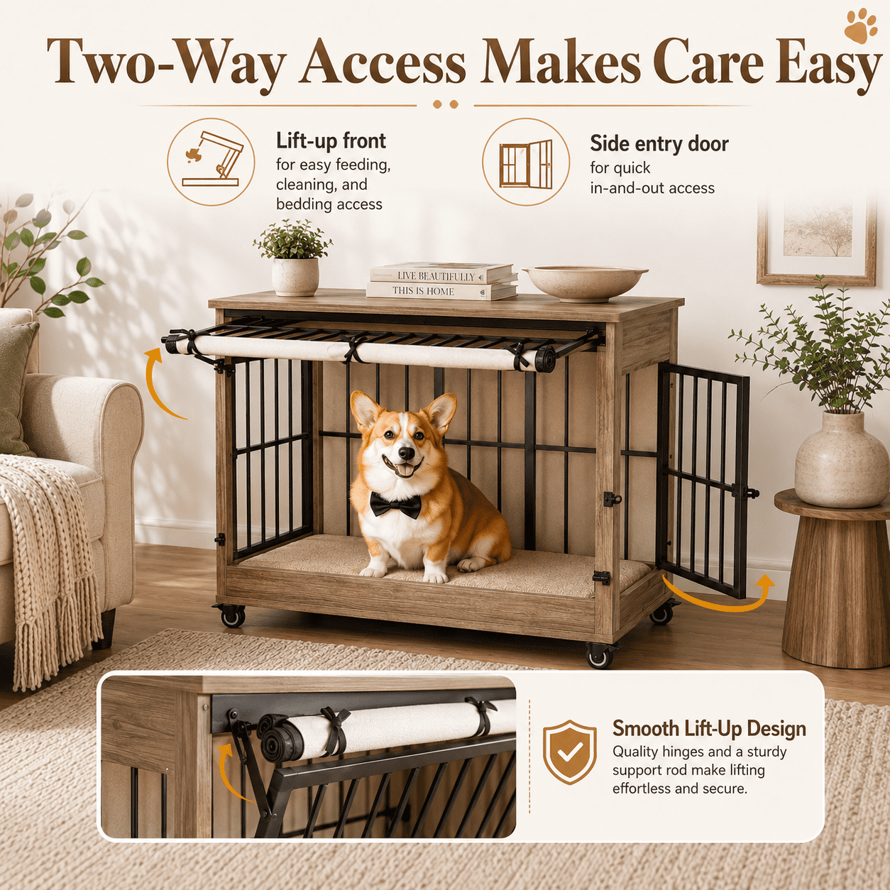 Aukfa 32.5-Inch Large Dog Crate Furniture, Indoor Dog Kennel Decorative Pet Cage End Table, Lift-Up Door, Curtain & Wheels,Greige