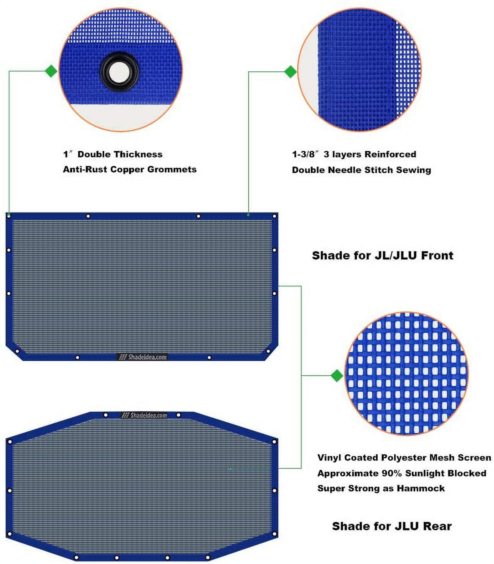 Shadeidea Jeep Wrangler Sun Shade JL Top Sunshade Front and Rear 2 piece-Blue Mesh Screen Sunshade JLU Unlimited 4 Door 2018-Current New Model Cover UV Blocker with Grab Bag-10 Years Warranty