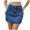 thumbnail image 3 of vigerkar Women Summer High Stretchy Cargo Skirt Low Waist Y2k Mini Skirt Cute Denim Skirt with Pockets Dark Blue, L, 3 of 9
