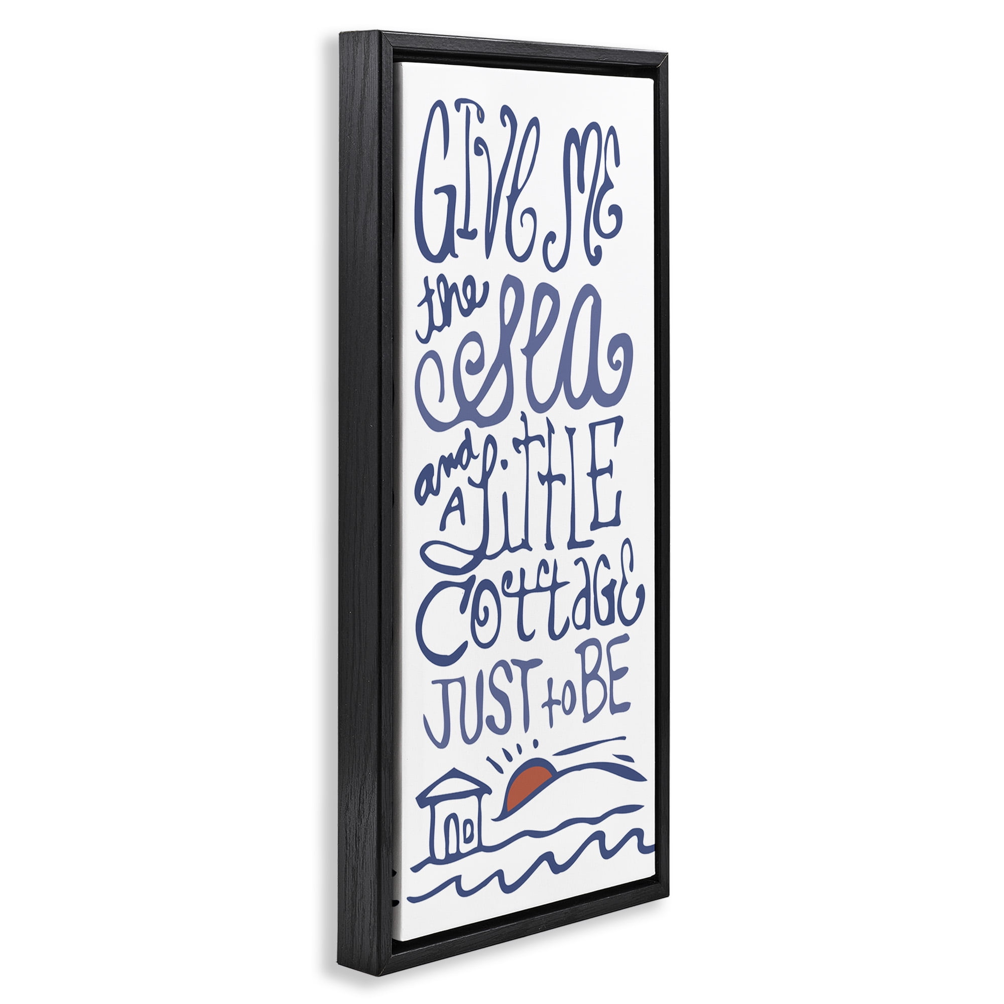 Stupell Industries Sea & Cottage Beach Life Calligraphy Nature Painting Black Floater Framed Canvas Art Print Wall Art, 11 x 25