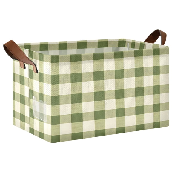 Rectangle Storage Basket with Handles Light Green Gingham Collapsible Storage Bin Large Storage Bins Decorative for Clothes Toys Bedroom