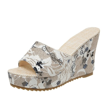 CHOII 50% off Clearance High-heeled Shoes Fishmouth Wedges Shoes Women s Shoes Sandals Artistic Floral Print Height Increasing Sandals Cushionaire Sandals Summer Sandals for Women 2024 Beige/5.5