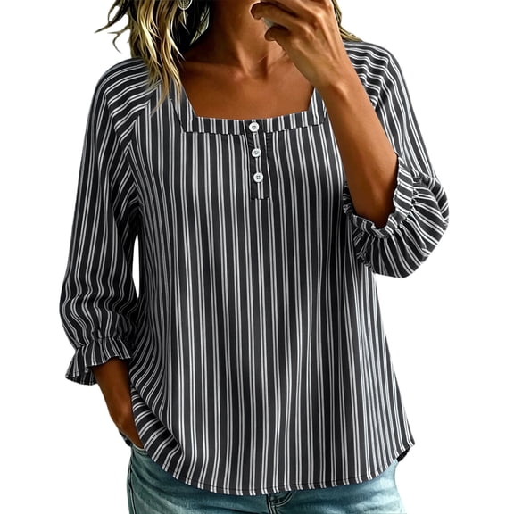 Uootdi Cute Summer Tops Square Neck 3/4 Bubble Sleeve Half Henley Placket Vertical Stripe Print Soft Woven Womens Shirts Loose Fit Airy Comfortable Womens Tees