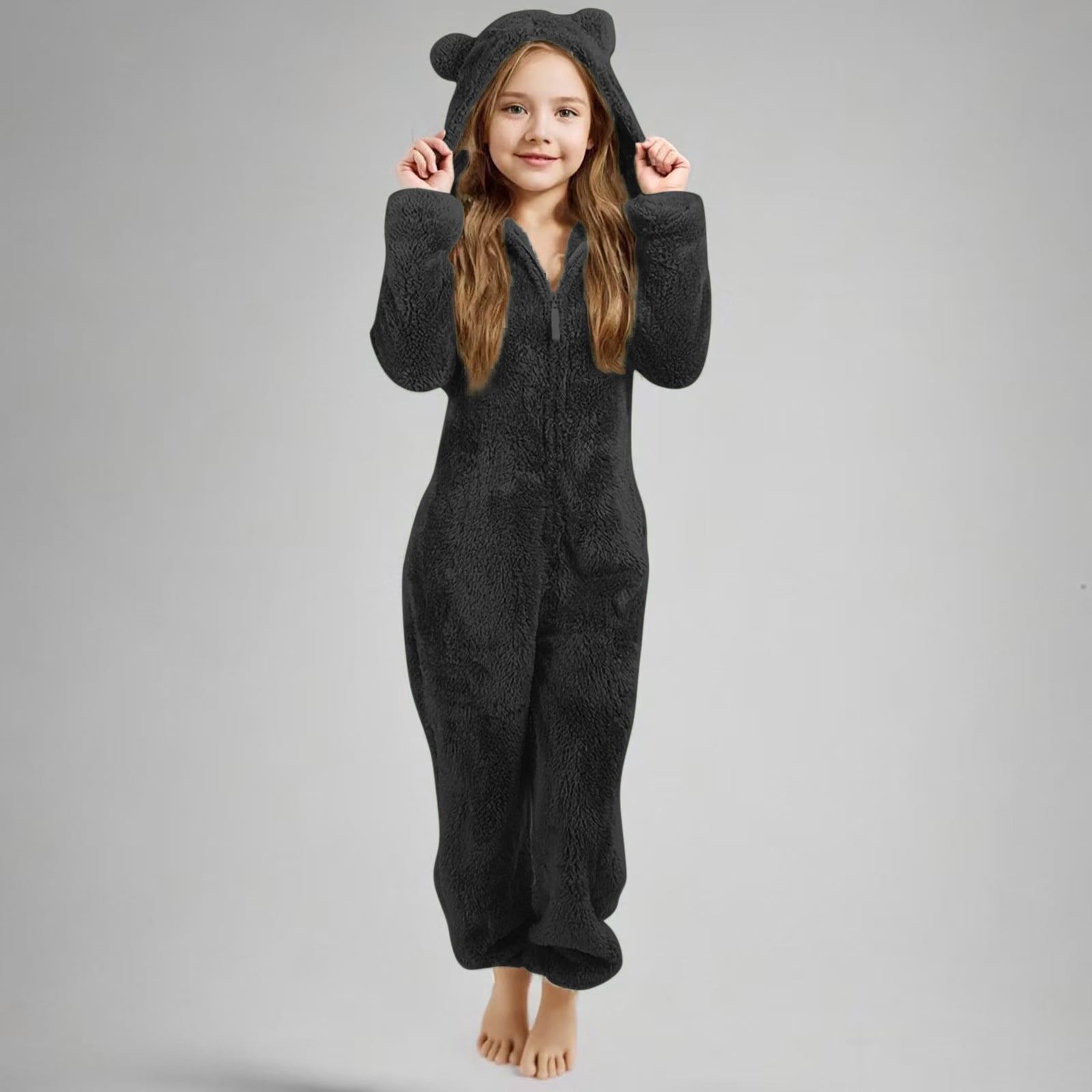 Otqutp Girls Fleece Onesie Fleece Warm Sherpa Bed Jumpsuit Kids Cute Plain Zip up Long Sleeve Soft Hooded Romper for Winter