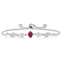 Gem Stone King 925 Silver and 10K Yellow Gold Red Created Ruby White Moissanite and Lab Grown Diamond Tennis Bracelet for Women By Keren Hanan (1.54 cttw, Adjustable up To 9 inch)
