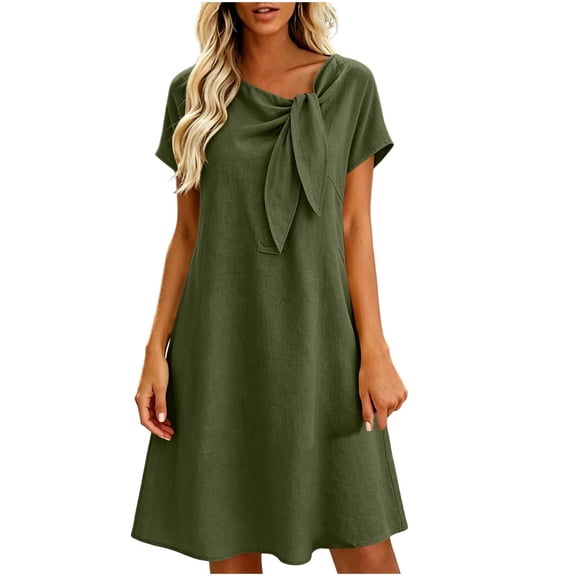 Ruimatai Women's Knot Neck Short Sleeve Loose Fit Casual A-Line Tunic Mini Dresses with Pocket for Women Everyday & Vacation Wear