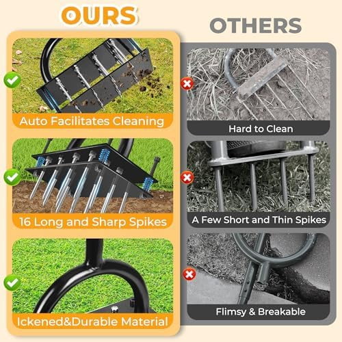 Lawn Aerator, Aerator Lawn Tool with 16 Spikes Spring Base and Gloves Pre-Assembled Manual Yard Aerator Tool Automatic Leaf and Dirt Cleaning for Yard Lawn Garden Aeration$$Garden & Patio