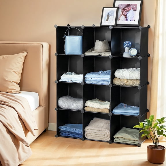 LEDREM Cube Storage Organizer, Set of 12 Plastic Cubes with Metal Frame, Modular Bookcase for Bedroom Living Room, Black