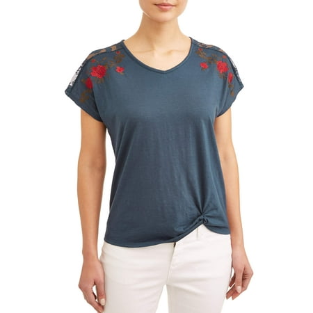 Lovely Lace Tee - Women's Short Sleeve Front Knot T-Shirt with Lace Embroidery