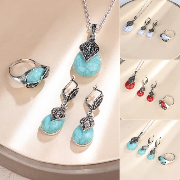 SmartBy Vintage Leaf Faux Turquoise Pendant Necklace Ring Leaverback Earring Jewelry Set