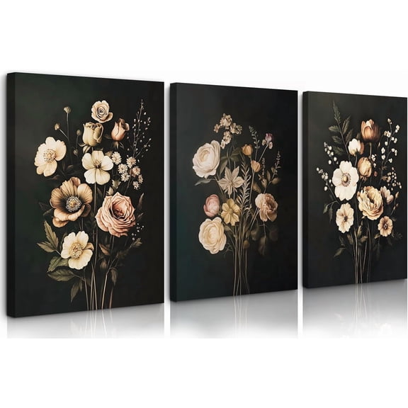 Vintage Flower Wall Art Dark Floral Canvas Wall Art Botanical Farmhouse Prints Black Flower Pictures Wall Decor Moody Floral Artwork Painting for Living Room Bedroom 12x16x3 Inch Unframed