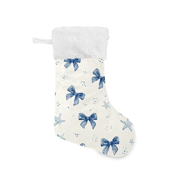 Blue Starfishes Bows Dots Vintage Christmas Stockings Large Capacity 18 inch Gift Bag with Hook Xmas Holiday Decor 1 Pack
