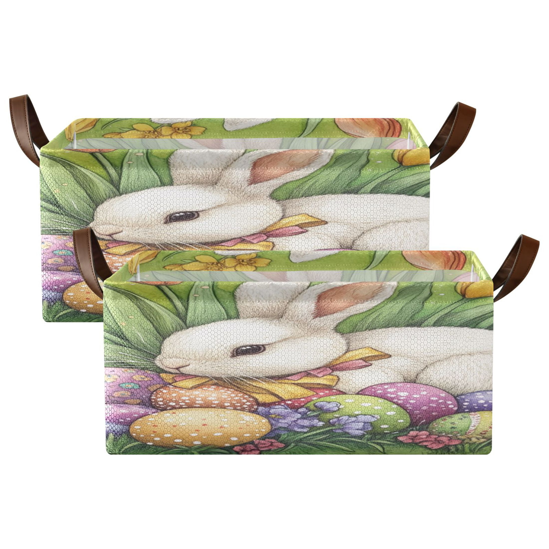 Wobogo Easter White Bunny Storage Basket Soccer Plaid Fabric Oversized Collapsible Hoard Box with Metal Iron Frame 16.9×11.4×7.7in