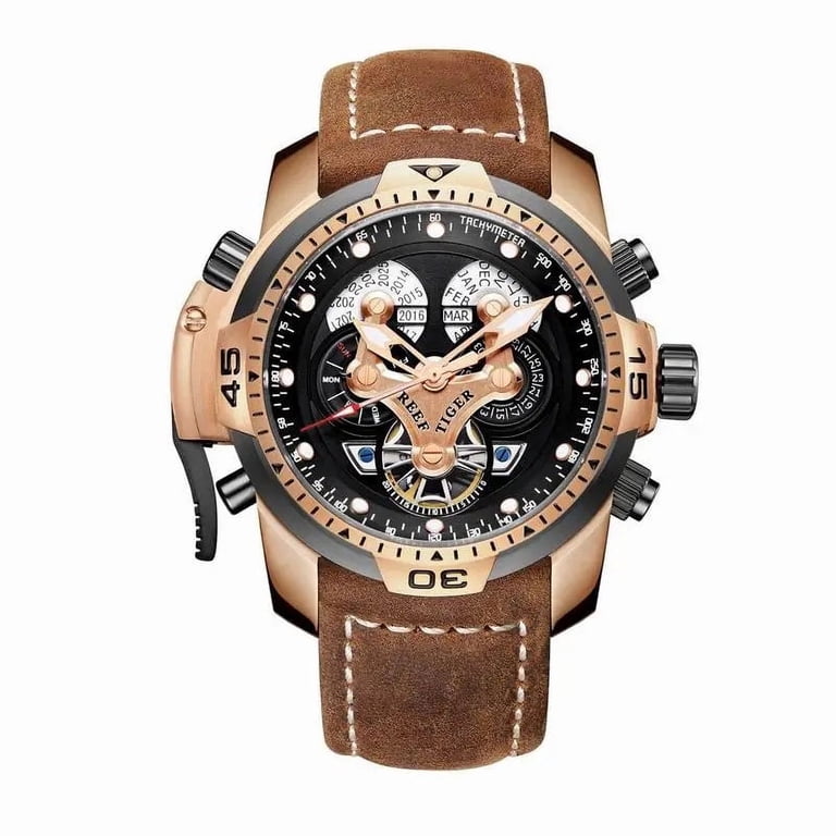 Reef Tiger/RT Sport Watch with Perpetual Calendar Date Day Steel 