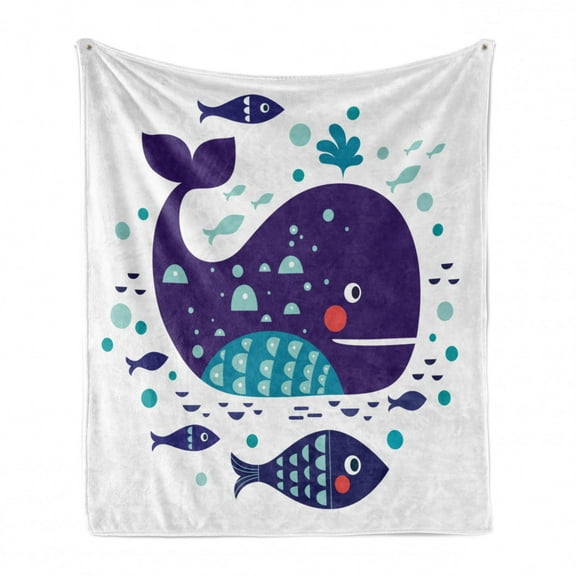 Whale Soft Flannel Fleece Blanket, Navy Sea Theme Cartoon Big Fish with Others in Ocean Swimming Image Art, Cozy Plush for Indoor and Outdoor Use, 50" x 60", Purple Turquoise White, by Ambesonne