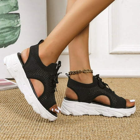 

AXXD Black Platform Sandals for Women Causal Summer Open Toe Sandals Shoes Breathable With Contrast Inserts Lace-Up Cutouts For Women