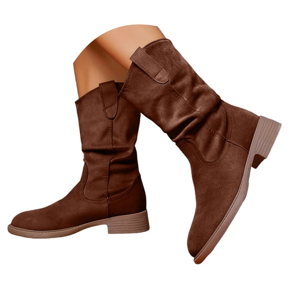 YLYL Women Mid Calf Boots Cowboy Cowgirl Leather Round Toe Block High Heels Vintage Country Western Booties