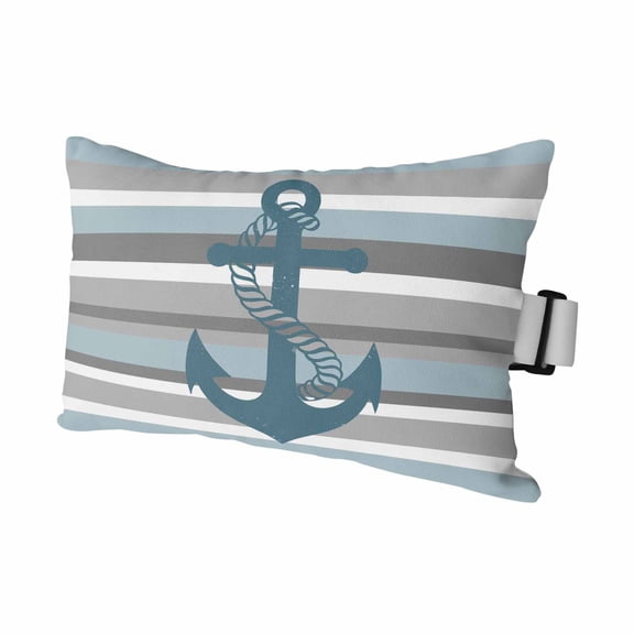Nautical Anchor Outdoor Pillows for Chaise Lounge Chair Waterproof Lumbar Pillows with Insert&Adjustable Elastic Strap Beach Headrest Pillow Ocean Grey Blue Stripes Simple Lines Pool Pillow 12"x20"