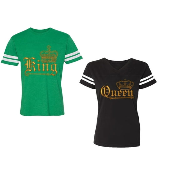 Wild King Queen Unisex Couple Matching Cotton Jersey style T-Shirt Contrasting stripes on sleeves (Men Green / Women Black) (Men S / Women S)