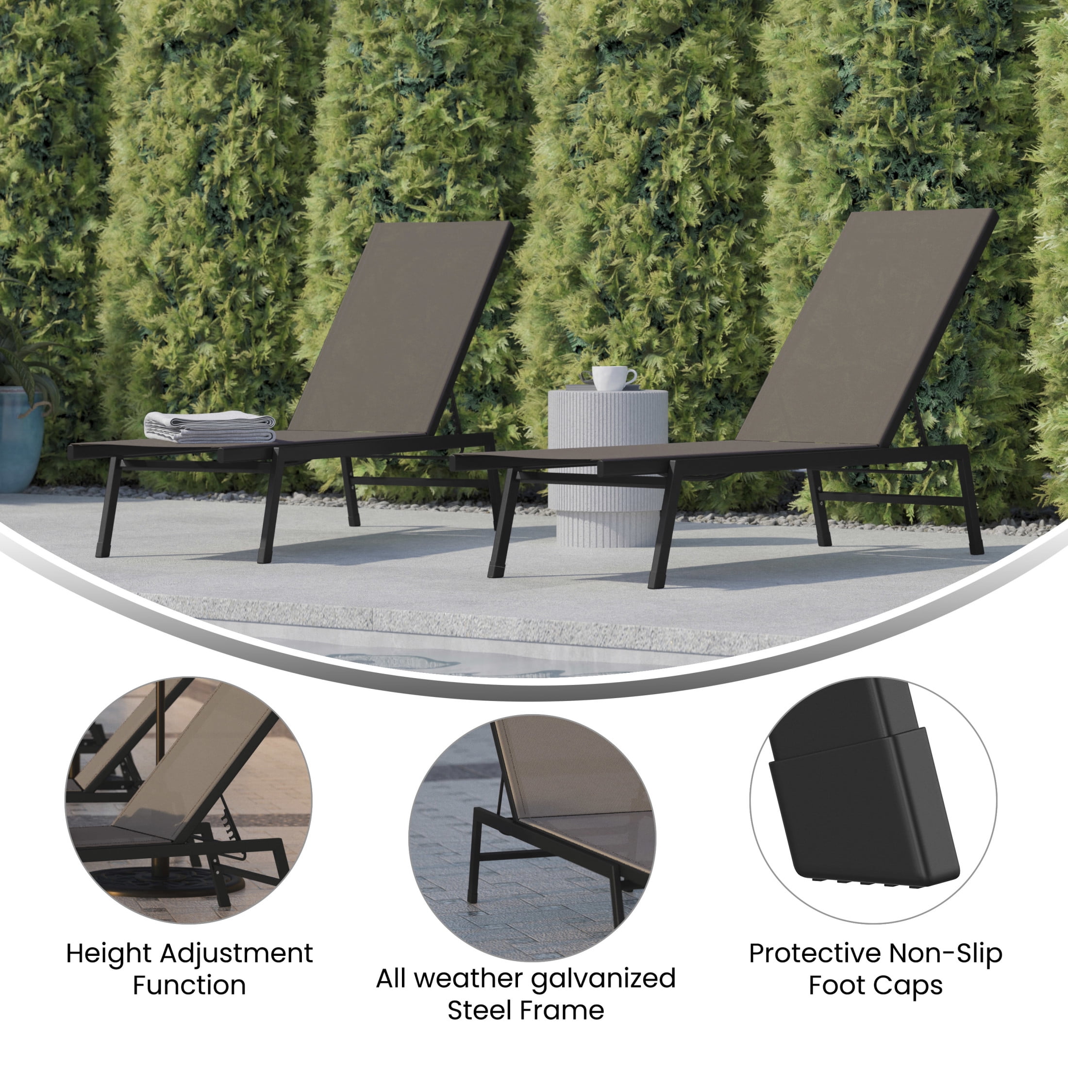 Flash Furniture Brazos Set of 2 Adjustable Chaise Lounge Chairs, Outdoor Five-Position Recliners, All Weather, Black/Brown