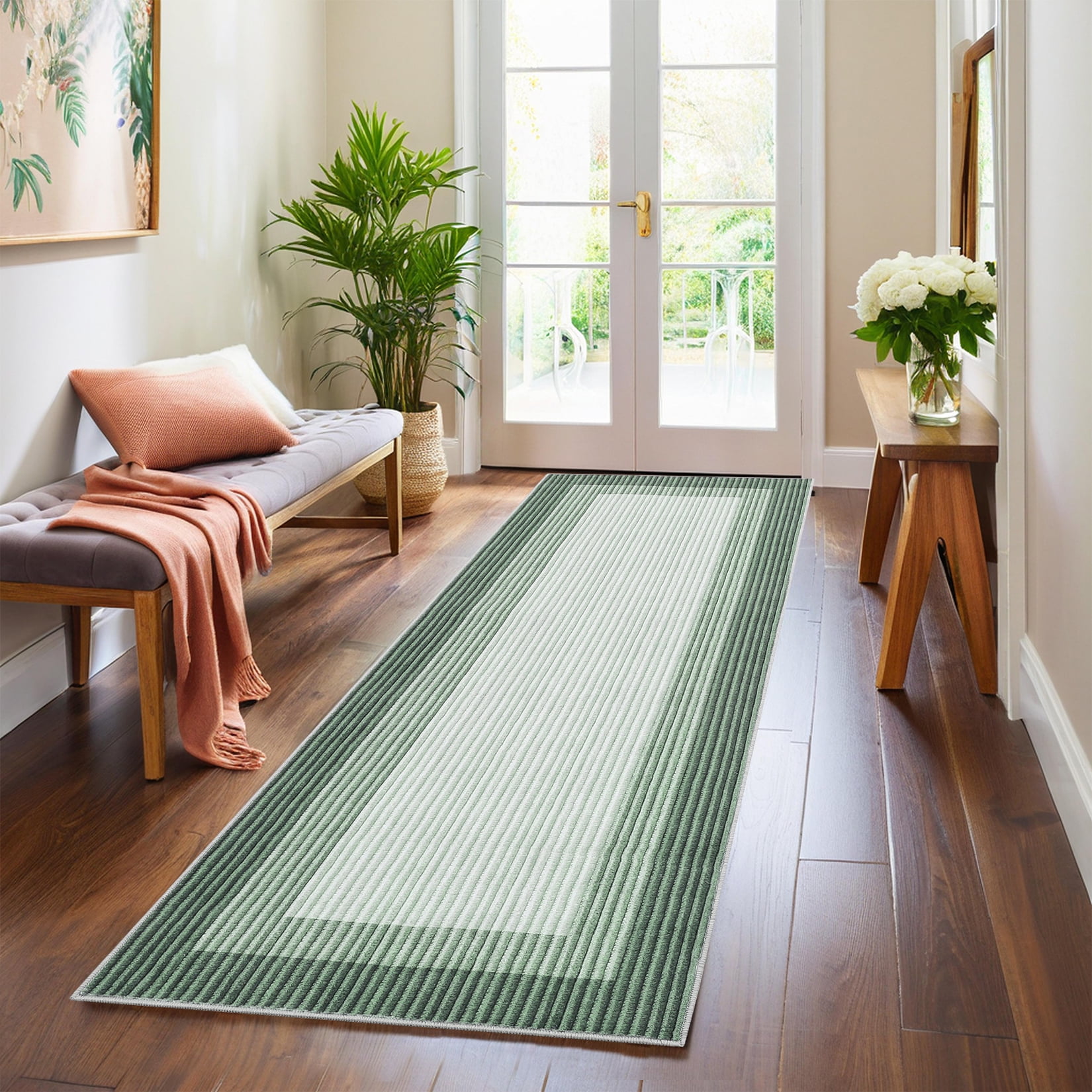 FairOnly 2'x6' Green Machine Washable Runner Rugs Bordered Modern Runner Rugs for Hallway Entryway Laundry Room Kitchen Throw Rug