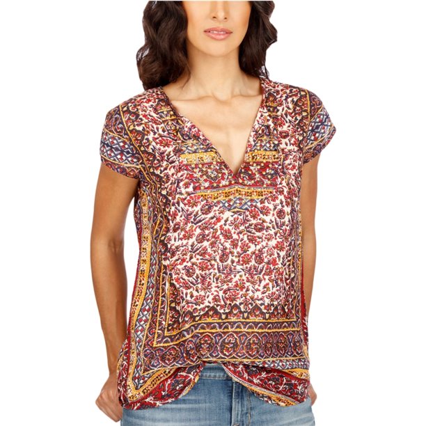 Lucky Brand Blusa estampada con cuello en V para mujer, rojo, pequeño Lucky Brand Pull-over