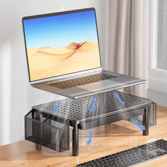 Computer Monitor Stand with Storage, Desk Organizer with Drawer and Pen Holder, Desk Monitor Riser 3 Height Adjustable, Laptop Riser for Computer, Laptop, Printer