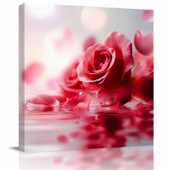 Framed Canvas Wall Art for Living Room Red Rose Wall Decor, Dreamy Petals Water Aesthetic Paintings for Bedroom Office Kitchen Bathroom, Ready to Hang Artwork Wall Pictures 8x8 Inch