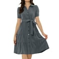 thumbnail image 1 of Vestido camisero de cambray para mujer, manga corta, con botones, cintura con lazo, cuello en V occidental, vestidos de mezclilla Gris Oscuro S, 1 of 5