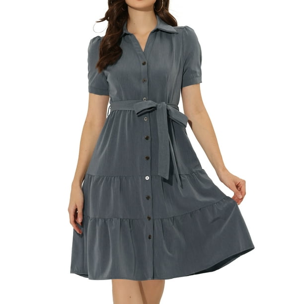Vestido camisero de cambray para mujer, manga corta, con botones, cintura con lazo, cuello en V occidental, vestidos de mezclilla Gris Oscuro S