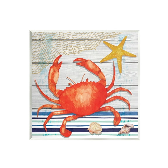 Stupell Nautical Striped Red Crab Sea Life Landscape Painting Wall Plaque Unframed Art Print Wall Art