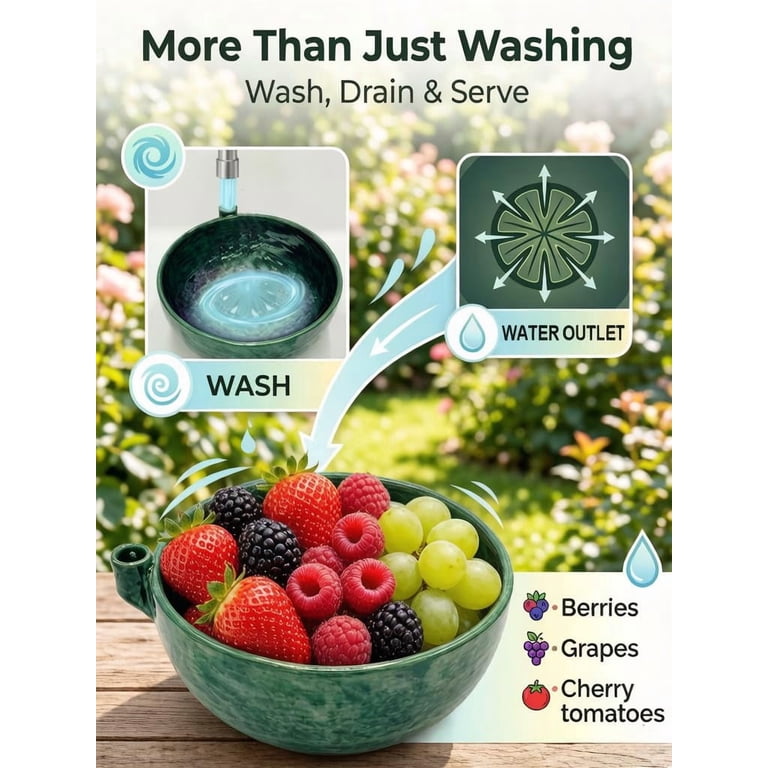 Self Spinning Berry Washing Bowl, Ceramic Colander with Water