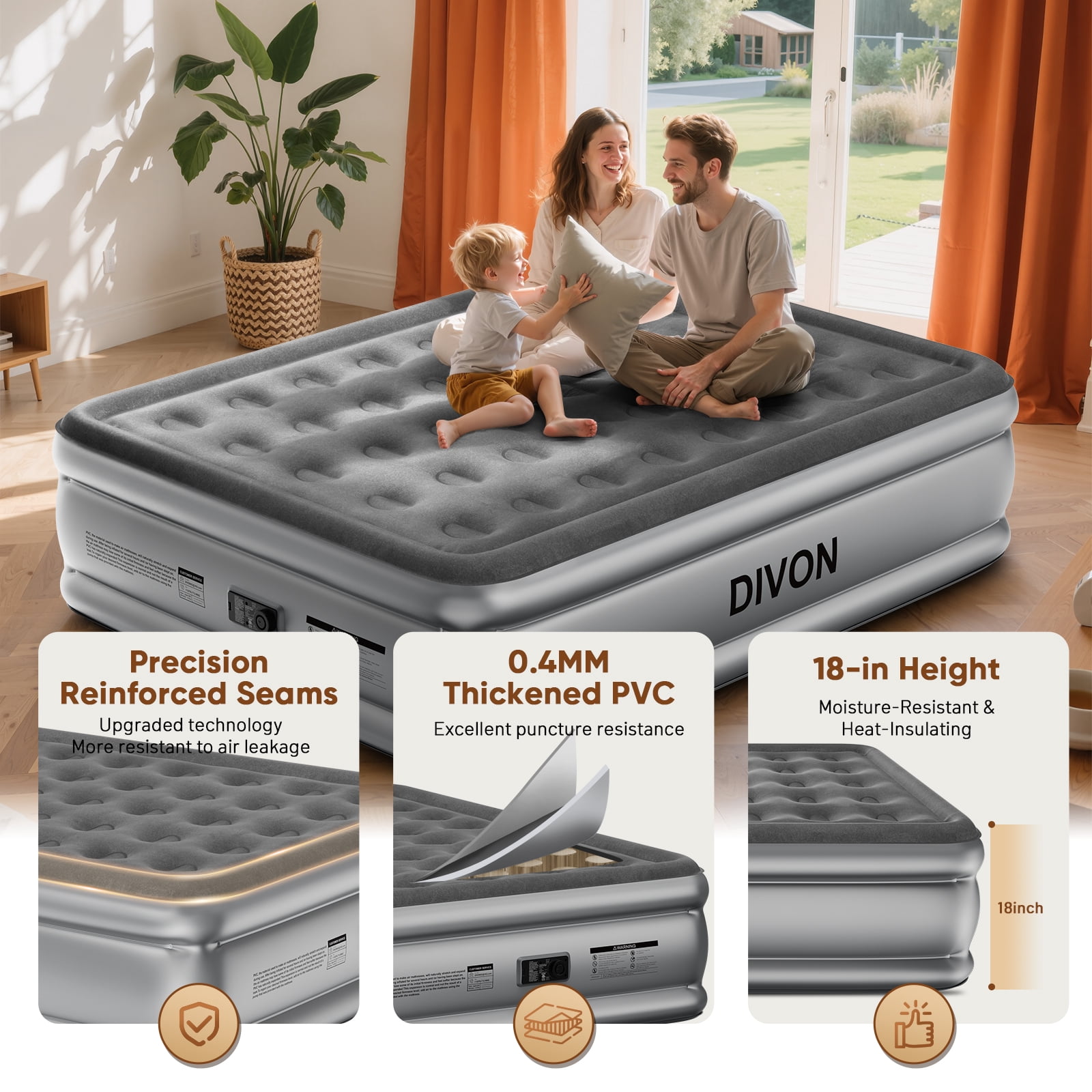 Divon Full Air Mattress with Built-In Pump, 18-inch Elevated Inflatable Airbed, Portable Blow Up Bed for Guests, Game Night Sleepovers, Gray