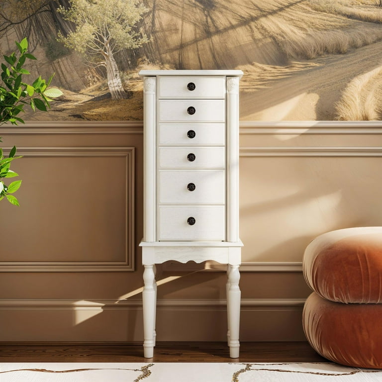 Linon Esther Wood Jewelry Armoire, Off White, Mirror, Felt Lining