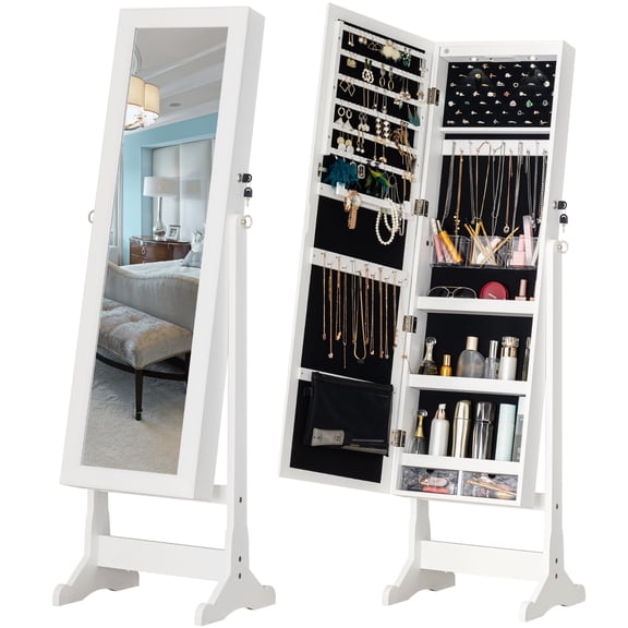 58"H*15.7"L*18.3"W White Standing Jewelry Armoire With Full-Length Mirror