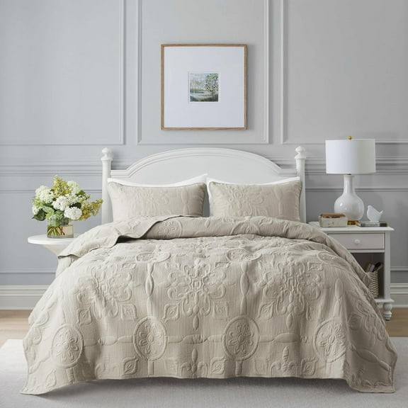King size quilt set, boho bedspread lightweight soft vintage bohemian coverlet, jacquard pattern bed cover for all season, farmhouse style, 3 pieces, beige