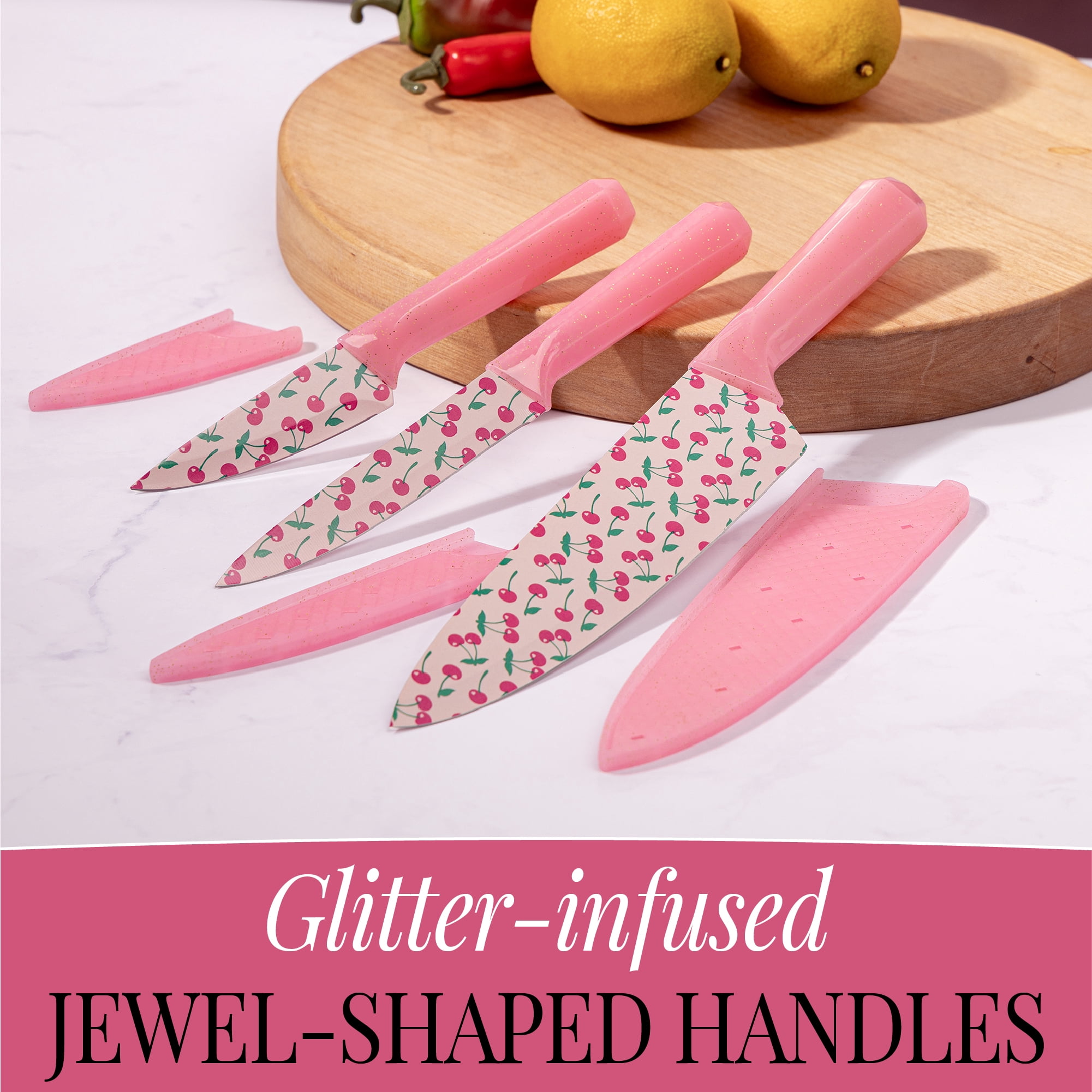 Paris Hilton 3-Piece Cutlery Set, Stainless Steel Blades with Cherry Decal, Pink Jewel-Faceted Handles